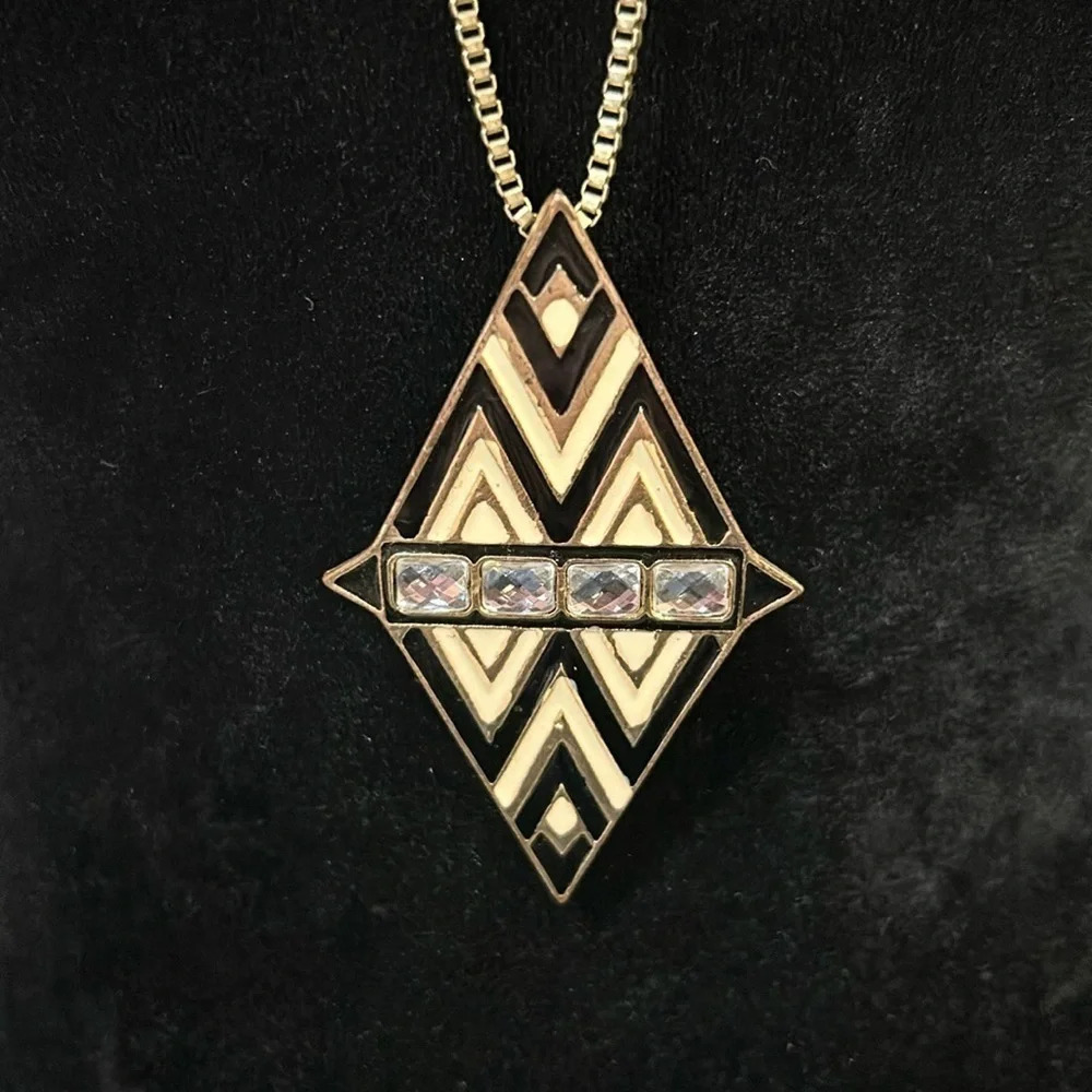 Geometric & Faux Diamond Beads Black‎ & Gold Statement Pendent Long Necklace